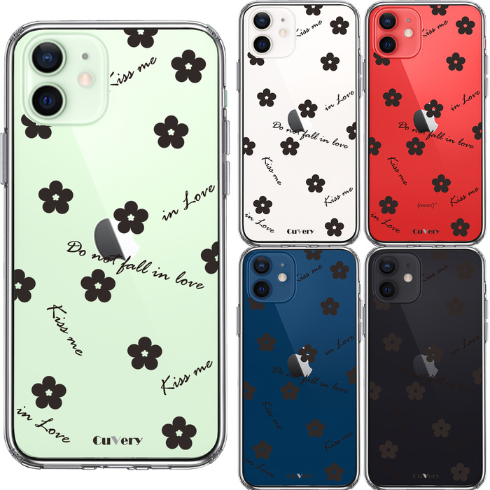 iPhone12mini ケース クリア フラワー ブラック スマホケース 側面ソフト 背面ハード ハイブリッド-1