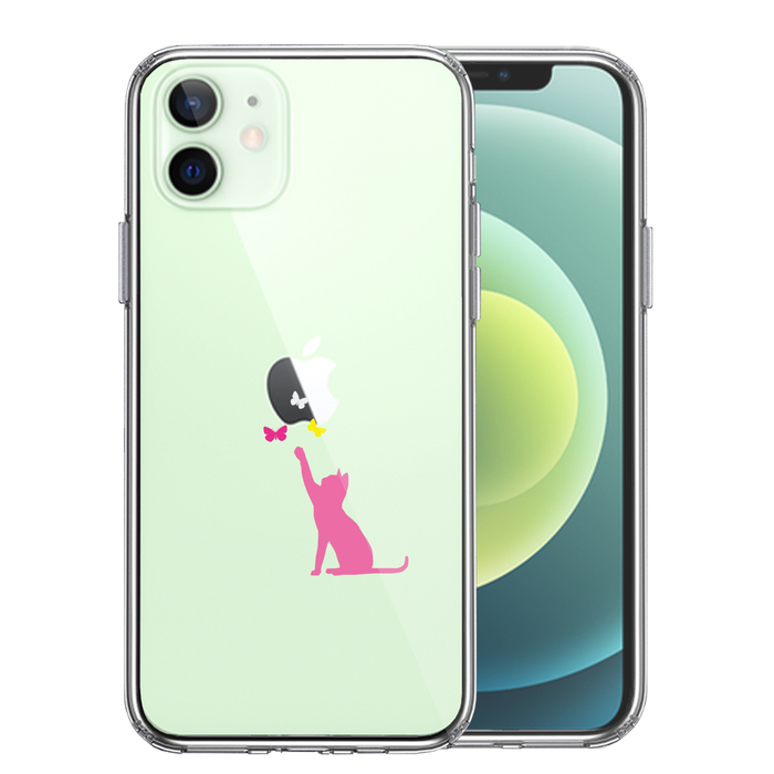iPhone12mini ケース クリア 猫 CAT ねこ にゃんこ 蝶々 ピンク スマホケース 側面ソフト 背面ハード ハイブリッド-0