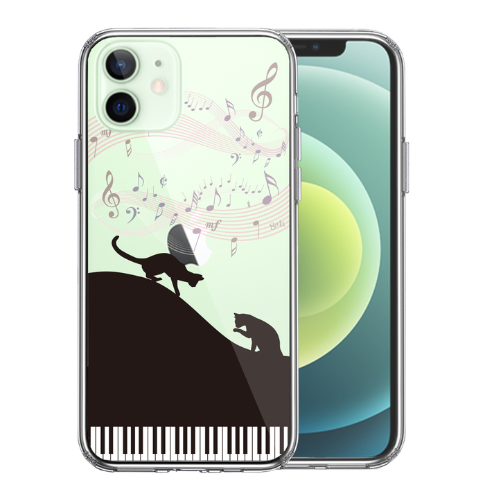 iPhone12mini case clear piano Silhouette cat black smartphone case side soft the back side hard hybrid -0