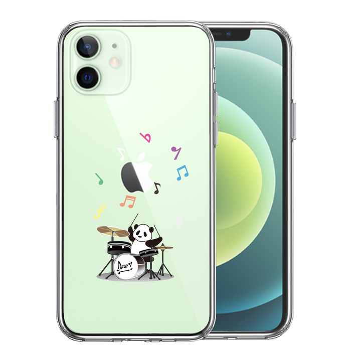 iPhone12mini ケース クリア ドラム パンダ 音符 スマホケース 側面ソフト 背面ハード ハイブリッド-0