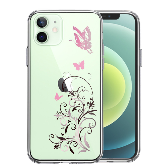 iPhone12 ケース クリア フローラル バタフライ (ピンク） スマホケース 側面ソフト 背面ハード ハイブリッド-0