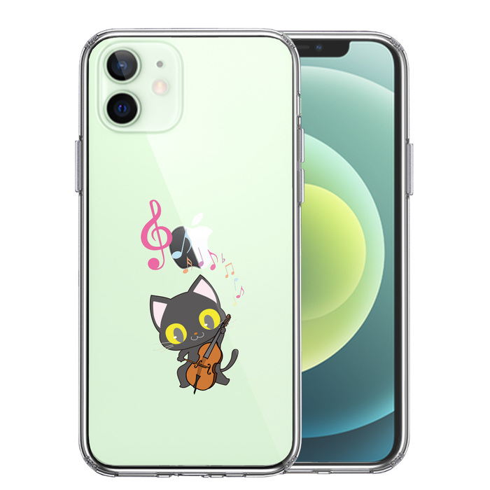 iPhone12 ケース クリア チェロ ねこ スマホケース 側面ソフト 背面ハード ハイブリッド-0