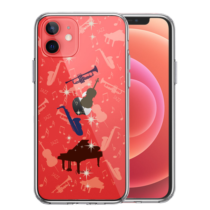 iPhone12 ケース クリア JAZZ 2 楽器 音符 スマホケース 側面ソフト 背面ハード ハイブリッド-0