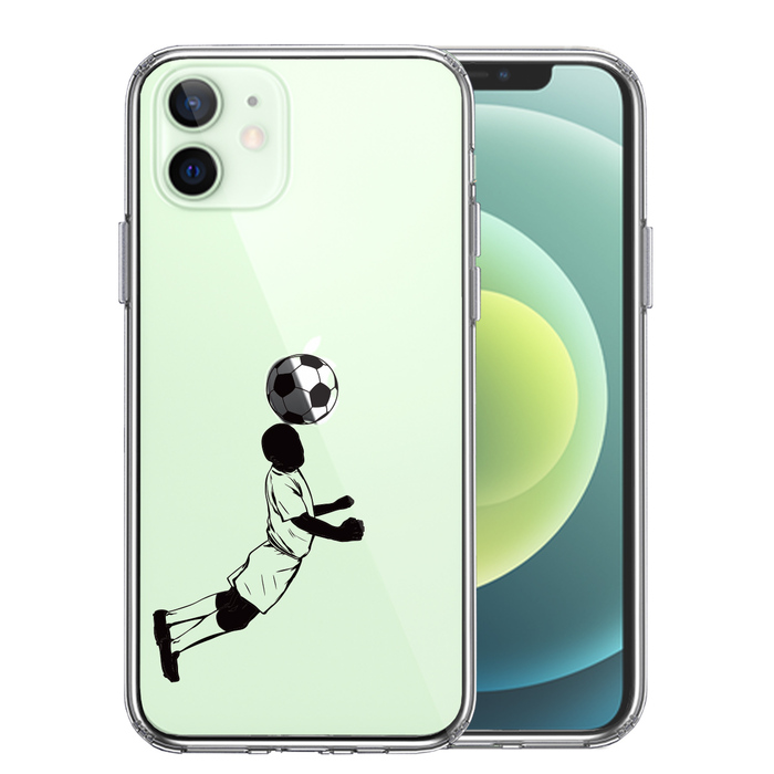 iPhone12 ケース クリア サッカー ヘディング 男子 黒 スマホケース 側面ソフト 背面ハード ハイブリッド-0