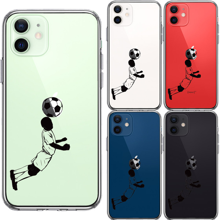 iPhone12 ケース クリア サッカー ヘディング 男子 黒 スマホケース 側面ソフト 背面ハード ハイブリッド-1