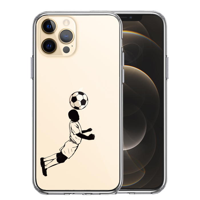 iPhone12Pro ケース クリア サッカー ヘディング 男子 黒 スマホケース 側面ソフト 背面ハード ハイブリッド-0