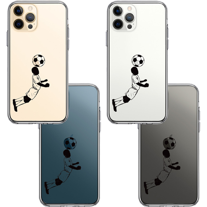 iPhone12Pro ケース クリア サッカー ヘディング 男子 黒 スマホケース 側面ソフト 背面ハード ハイブリッド-1
