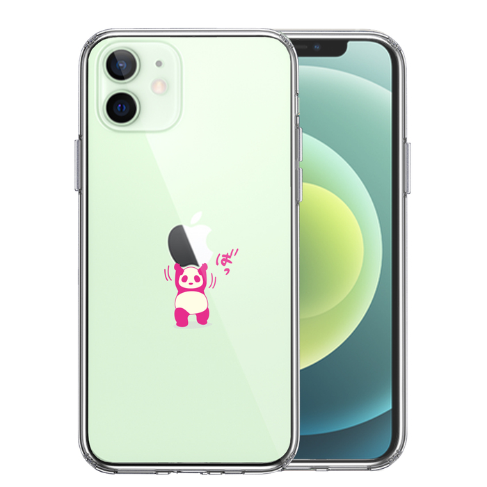 iPhone12mini ケース クリア パンダ 重量挙げ 努力感 ピンク スマホケース 側面ソフト 背面ハード ハイブリッド-0
