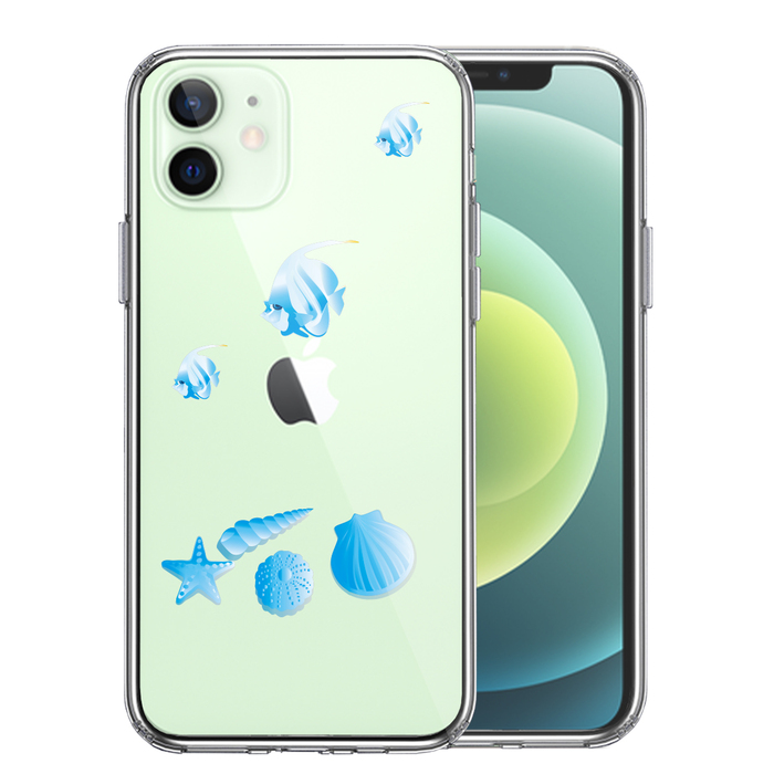 iPhone12mini ケース クリア 夏 熱帯魚 と 貝 ブルー スマホケース 側面ソフト 背面ハード ハイブリッド-0
