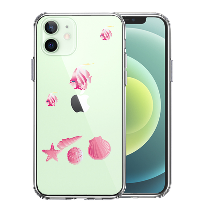 iPhone12mini ケース クリア 夏 熱帯魚 と 貝 ピンク スマホケース 側面ソフト 背面ハード ハイブリッド-0