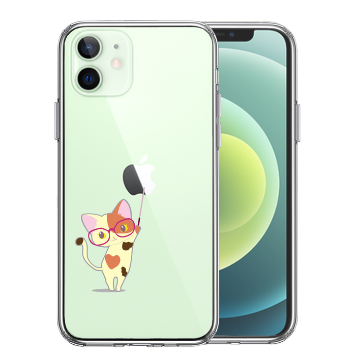 iPhone12 ケース クリア ジャケット 三毛猫 メガネ スマホケース 側面ソフト 背面ハード ハイブリッド-0