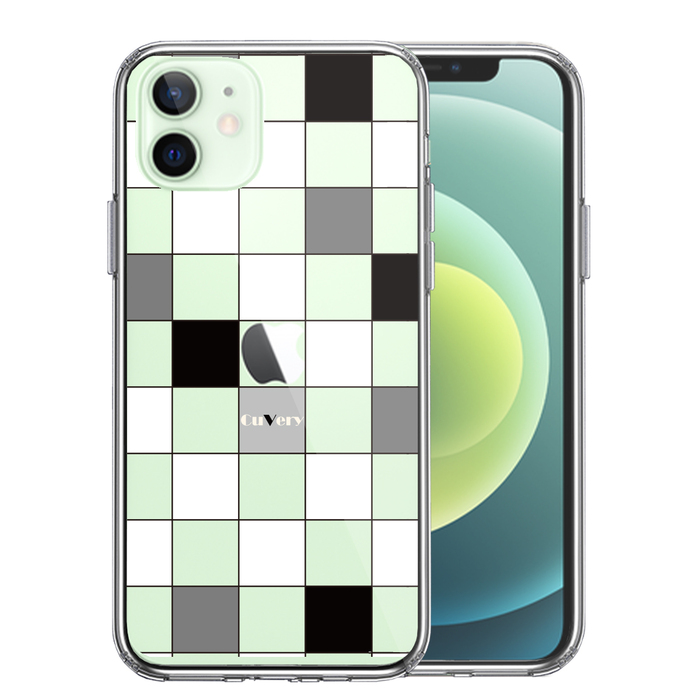 iPhone12 ケース クリア ブロック チェック 白 黒 スマホケース 側面ソフト 背面ハード ハイブリッド-0