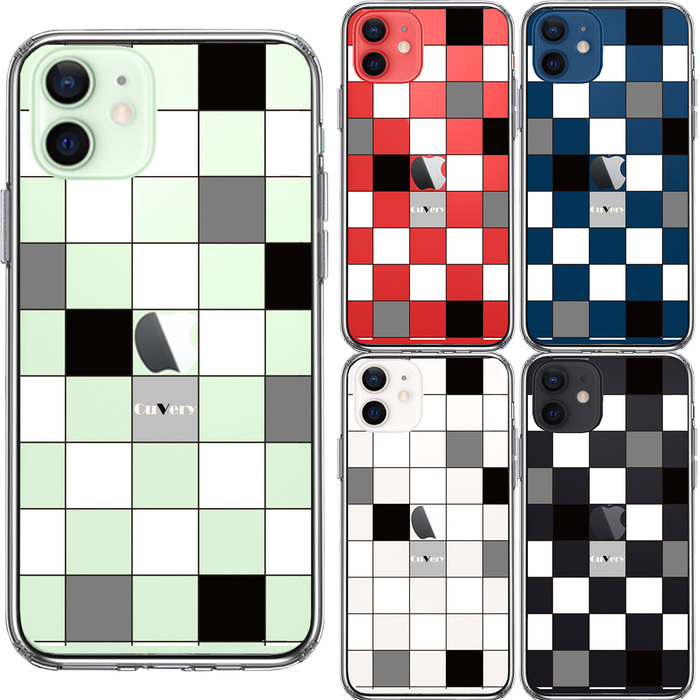 iPhone12 ケース クリア ブロック チェック 白 黒 スマホケース 側面ソフト 背面ハード ハイブリッド-1