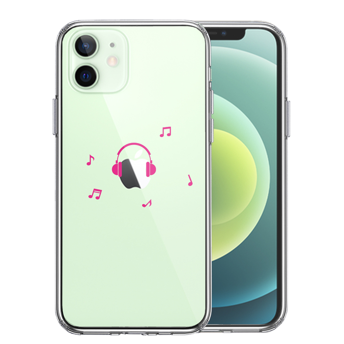 iPhone12 ケース クリア ヘッドフォン ヘッドホン ピンク スマホケース 側面ソフト 背面ハード ハイブリッド-0