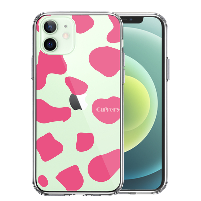 iPhone12 ケース クリア アニマル柄 カウ 牛 ピンク スマホケース 側面ソフト 背面ハード ハイブリッド-0