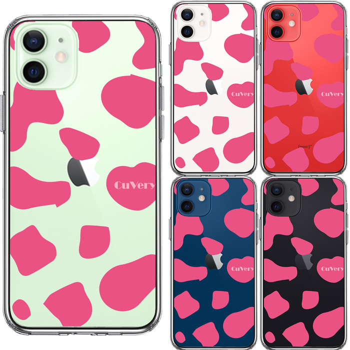 iPhone12 ケース クリア アニマル柄 カウ 牛 ピンク スマホケース 側面ソフト 背面ハード ハイブリッド-1