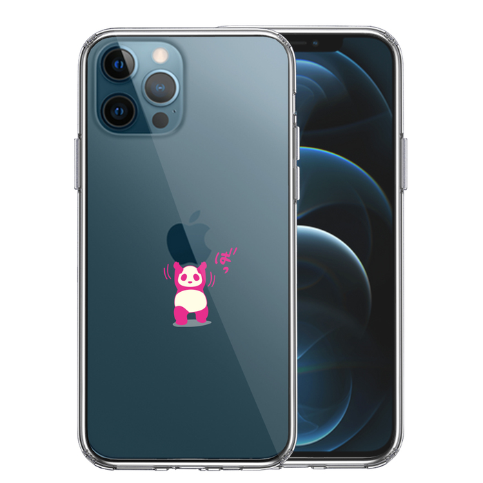 iPhone12Pro ケース クリア パンダ 重量挙げ 努力感 ピンク スマホケース 側面ソフト 背面ハード ハイブリッド-0