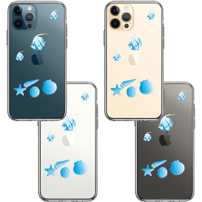 iPhone12Pro ケース クリア 夏 熱帯魚 と 貝 ブルー スマホケース 側面ソフト 背面ハード ハイブリッド-1