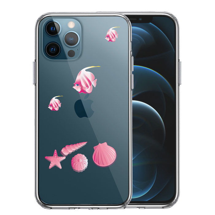 iPhone12Pro ケース クリア 夏 熱帯魚 と 貝 ピンク スマホケース 側面ソフト 背面ハード ハイブリッド-0