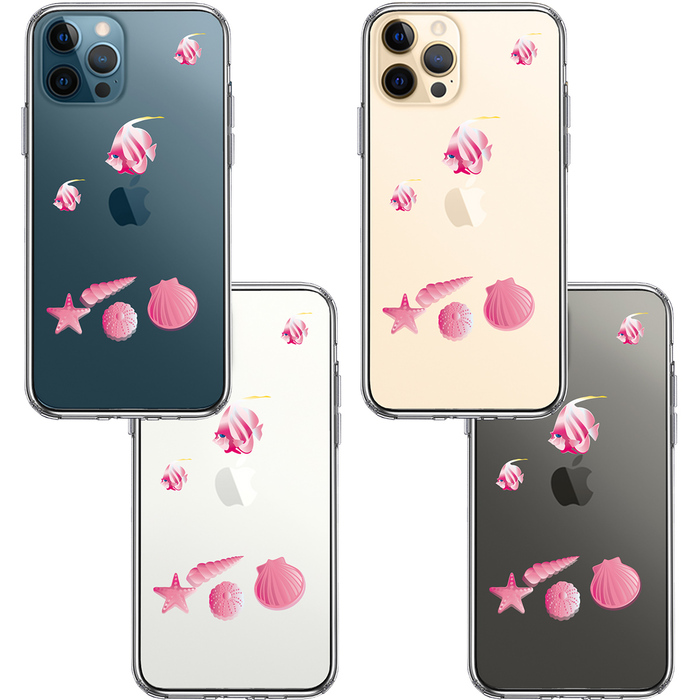 iPhone12Pro ケース クリア 夏 熱帯魚 と 貝 ピンク スマホケース 側面ソフト 背面ハード ハイブリッド-1