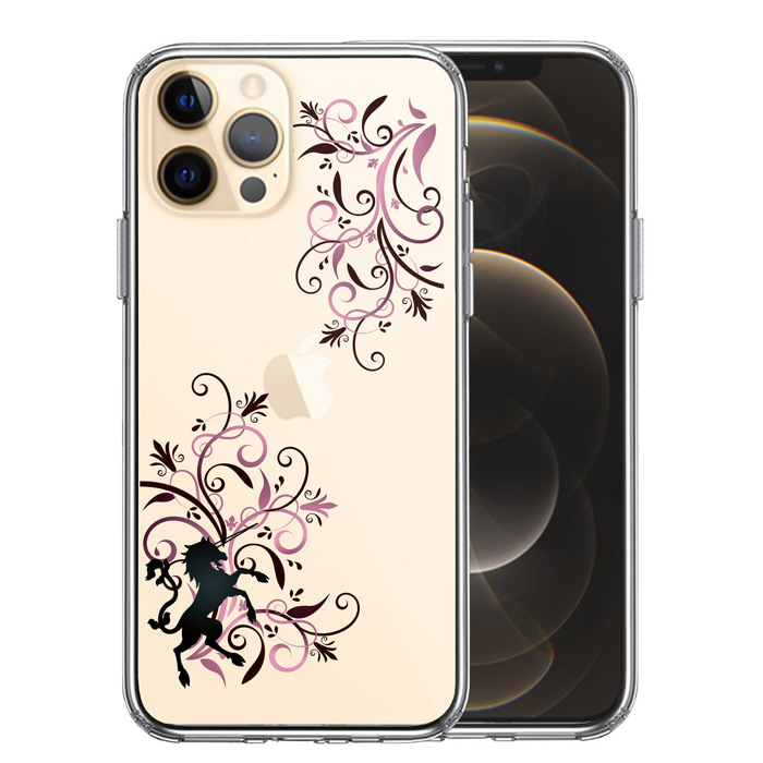 iPhone12Pro ケース クリア フローラル ユニコーン ピンク スマホケース 側面ソフト 背面ハード ハイブリッド-0