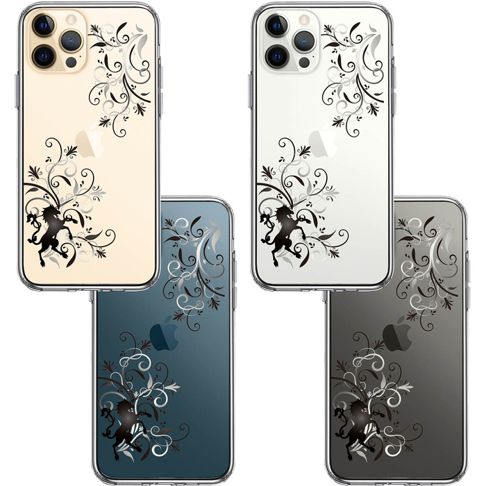 iPhone12Pro ケース クリア フローラル ユニコーン グレー スマホケース 側面ソフト 背面ハード ハイブリッド-1