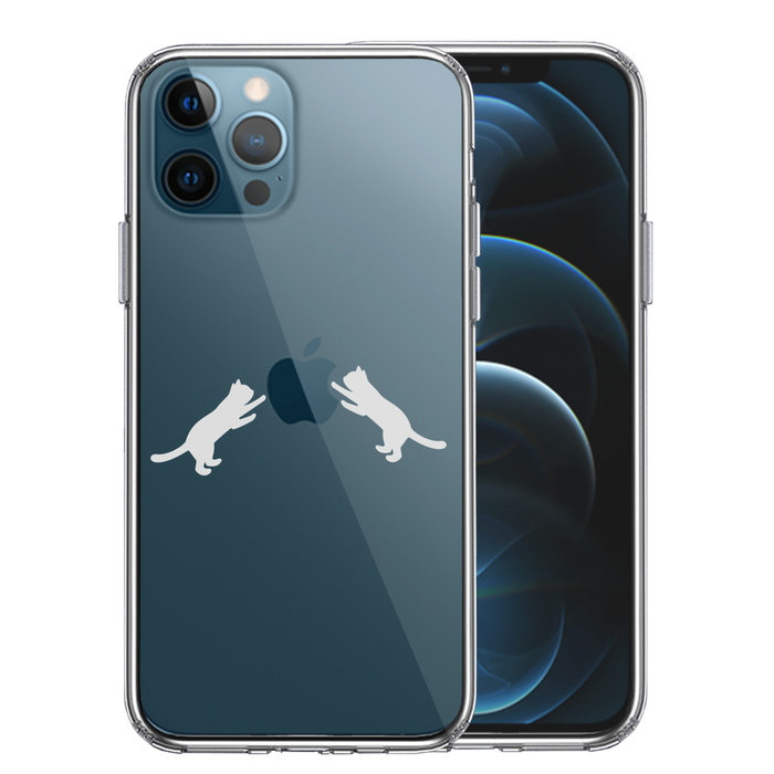 iPhone12Pro ケース クリア にゃんこ りんご 取り合い 薄いグレー スマホケース 側面ソフト 背面ハード ハイブリッド-0