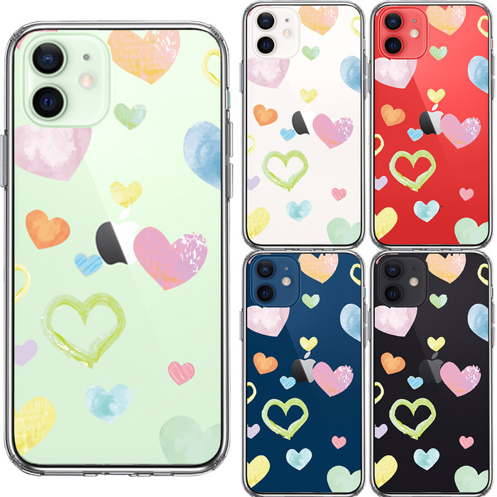 iPhone12 ケース クリア 水彩 ハート ドット dot スマホケース 側面ソフト 背面ハード ハイブリッド-1