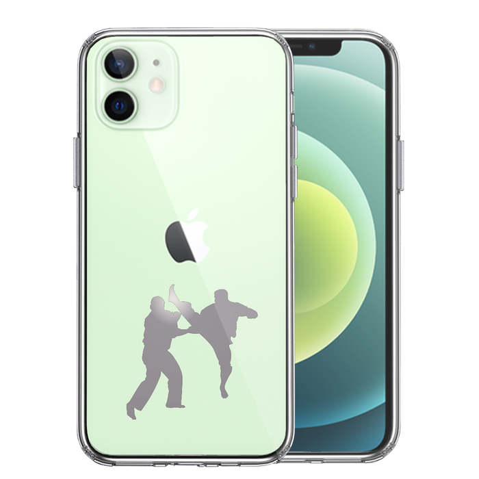 iPhone12 ケース クリア 空手２ グレー スマホケース 側面ソフト 背面ハード ハイブリッド-0