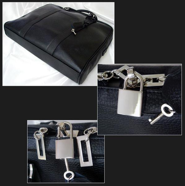 エンボス加工牛床革ビジネスバッグ AN-85BK 南京錠付ブリーフケース