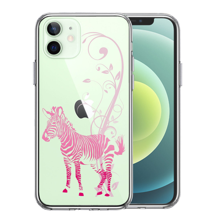 iPhone12 ケース クリア フローラル ゼブラ ピンク スマホケース 側面ソフト 背面ハード ハイブリッド-0