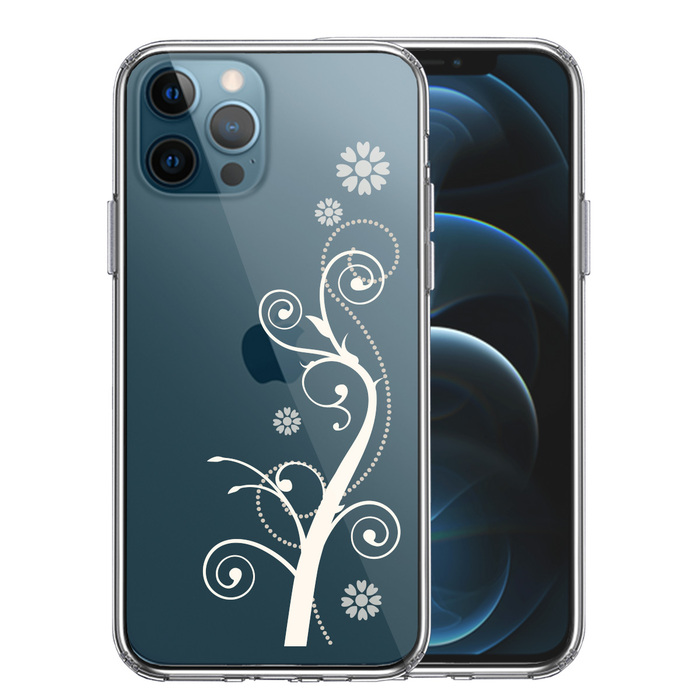 iPhone12Pro ケース クリア フローラル つる模様 ホワイト スマホケース 側面ソフト 背面ハード ハイブリッド-0