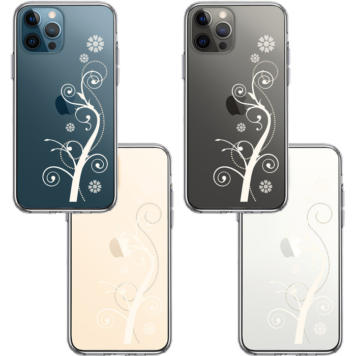iPhone12Pro ケース クリア フローラル つる模様 ホワイト スマホケース 側面ソフト 背面ハード ハイブリッド-1