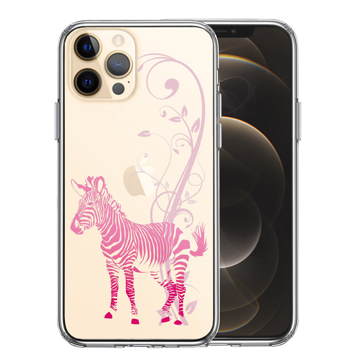 iPhone12Pro ケース クリア フローラル ゼブラ ピンク スマホケース 側面ソフト 背面ハード ハイブリッド-0