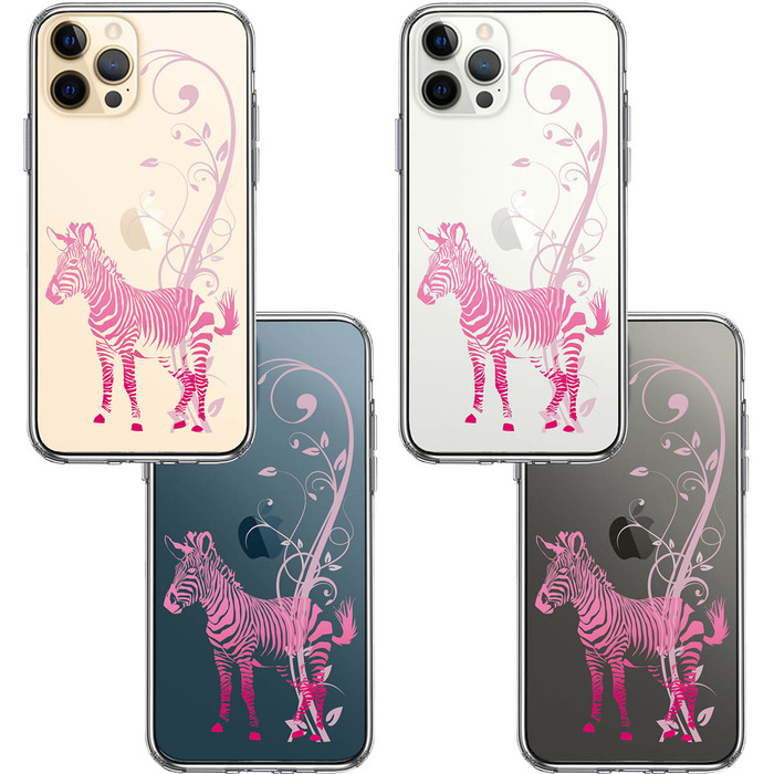 iPhone12Pro ケース クリア フローラル ゼブラ ピンク スマホケース 側面ソフト 背面ハード ハイブリッド-1