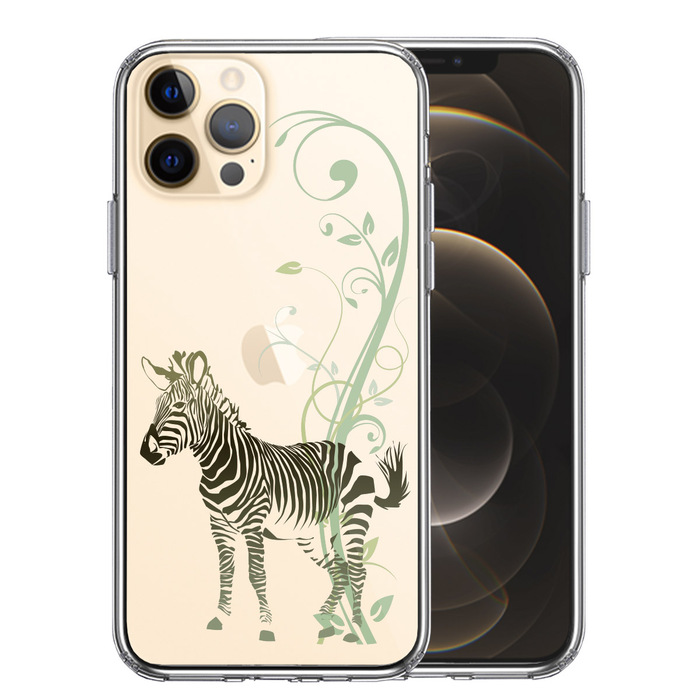 iPhone12Pro ケース クリア フローラル ゼブラ グリーン スマホケース 側面ソフト 背面ハード ハイブリッド-0