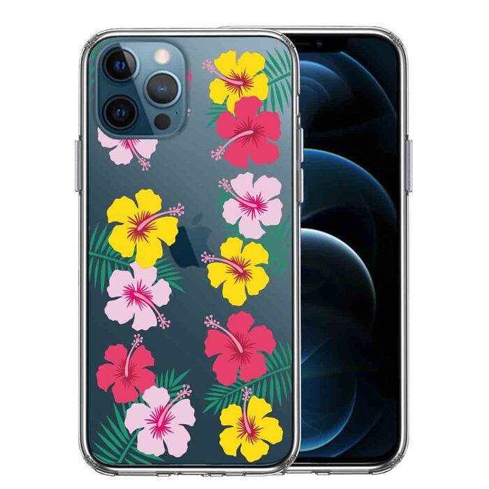 iPhone12Pro ケース クリア ハワイ 花 フラワー フローラル 花柄 スマホケース 側面ソフト 背面ハード ハイブリッド-0