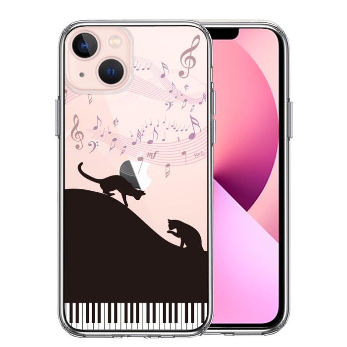 iPhone13mini ケース クリアピアノ シルエット猫 ブラック スマホケース 側面ソフト 背面ハード ハイブリッド-0