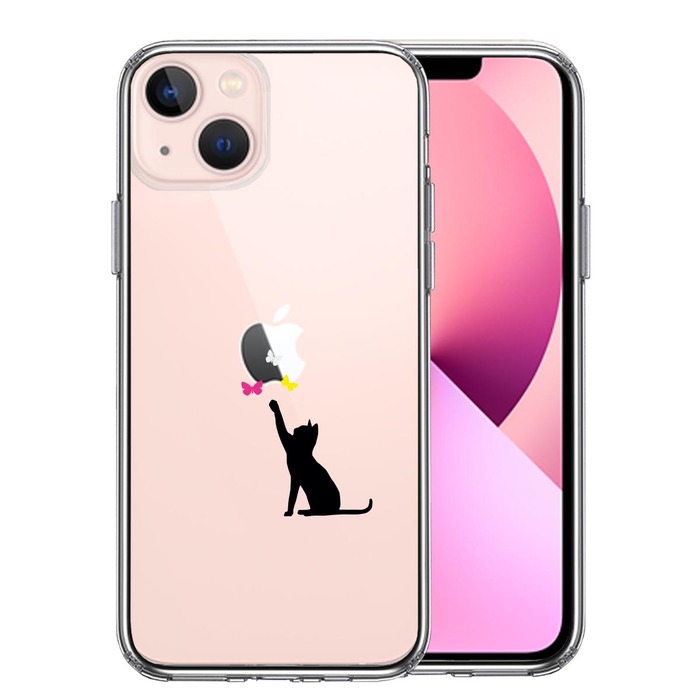 iPhone13mini ケース クリア猫 CAT ねこ 蝶々 ブラック スマホケース 側面ソフト 背面ハード ハイブリッド-0