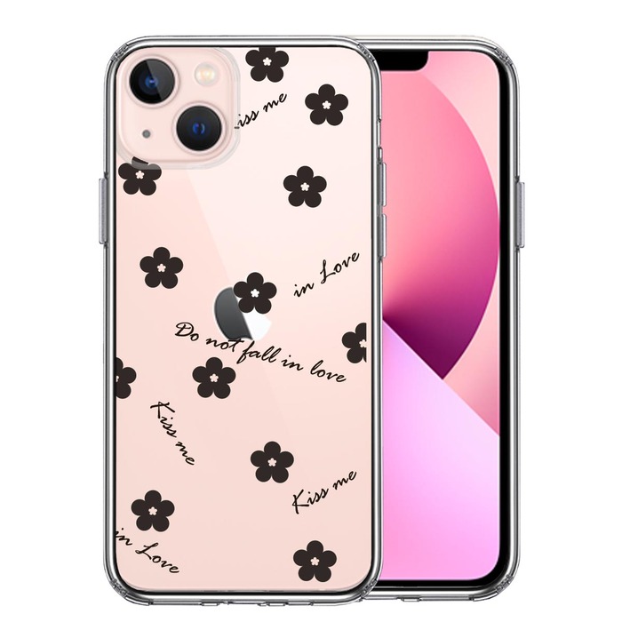 iPhone13mini ケース クリアフラワー ブラック スマホケース 側面ソフト 背面ハード ハイブリッド-0