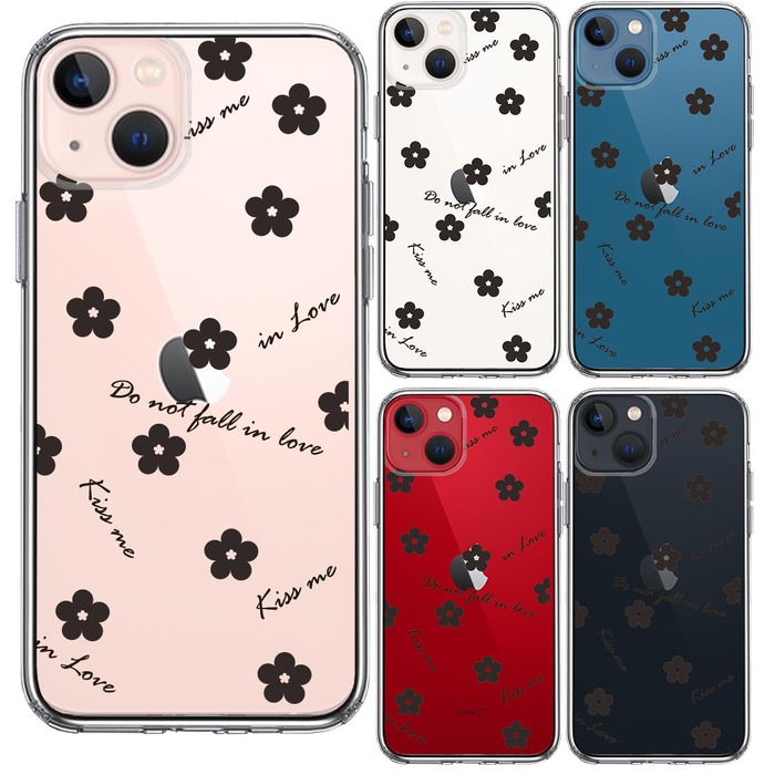 iPhone13mini ケース クリアフラワー ブラック スマホケース 側面ソフト 背面ハード ハイブリッド-1