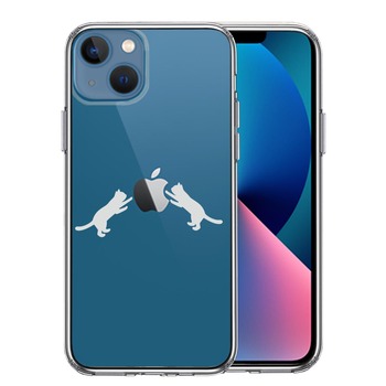 iPhone13 ケース クリアにゃんこ りんご 取り合い 薄いグレー スマホケース 側面ソフト 背面ハード ハイブリッド-0