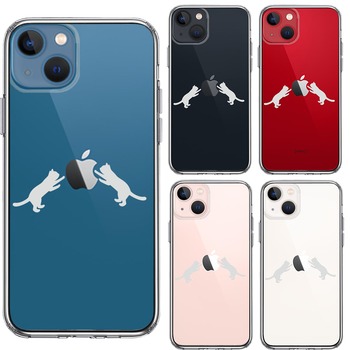 iPhone13 ケース クリアにゃんこ りんご 取り合い 薄いグレー スマホケース 側面ソフト 背面ハード ハイブリッド-1