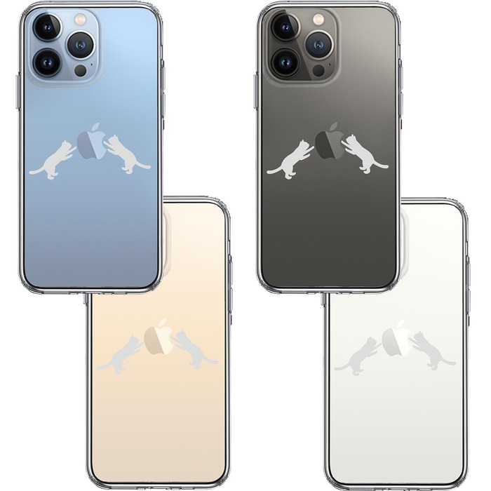 iPhone13Pro ケース クリアにゃんこ りんご 取り合い 薄いグレー スマホケース 側面ソフト 背面ハード ハイブリッド-1