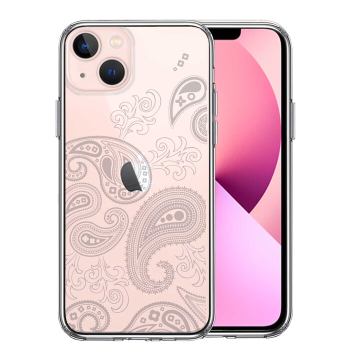 iPhone13 ケース クリアペイズリー 柄 ライトグレイ スマホケース 側面ソフト 背面ハード ハイブリッド-0