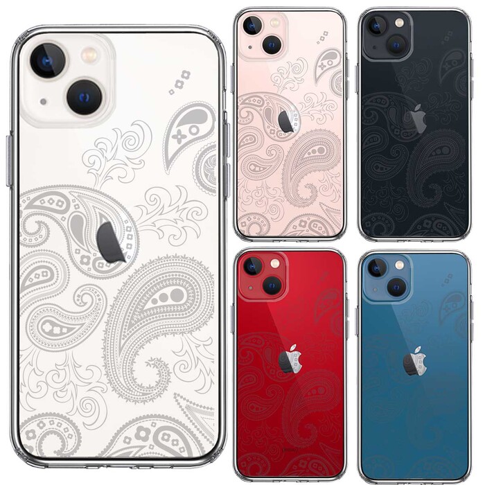 iPhone13 ケース クリアペイズリー 柄 ライトグレイ スマホケース 側面ソフト 背面ハード ハイブリッド-1