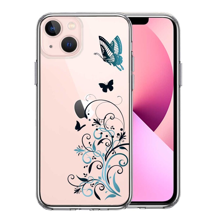 iPhone13 ケース クリアフローラル バタフライ ブルー スマホケース 側面ソフト 背面ハード ハイブリッド-0