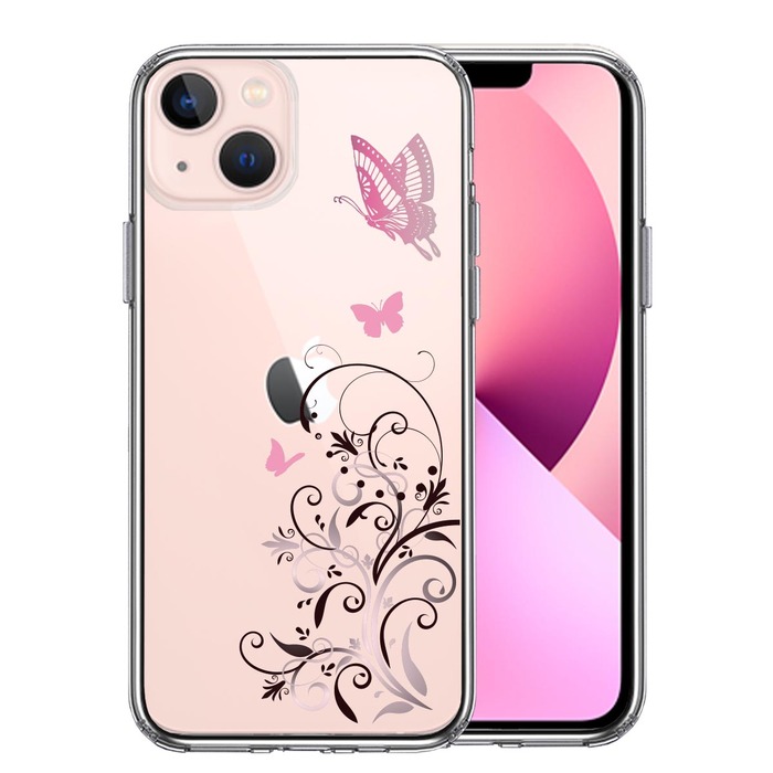 iPhone13 ケース クリアフローラル バタフライ ピンク スマホケース 側面ソフト 背面ハード ハイブリッド-0