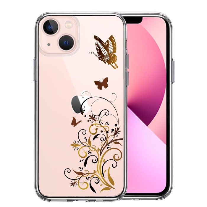 iPhone13 ケース クリアフローラル バタフライ ブラウン スマホケース 側面ソフト 背面ハード ハイブリッド-0