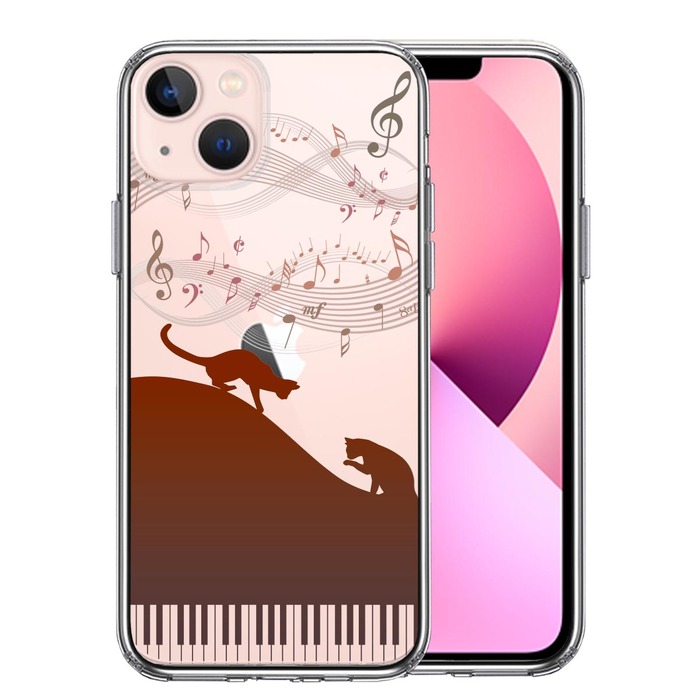 iPhone13 ケース クリアピアノ シルエット猫 ブラウン スマホケース 側面ソフト 背面ハード ハイブリッド-0